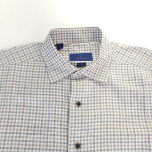David Donahue Shirt Mens Large 16.5 Fusion Blue Gold Check Button Up Long Sleeve